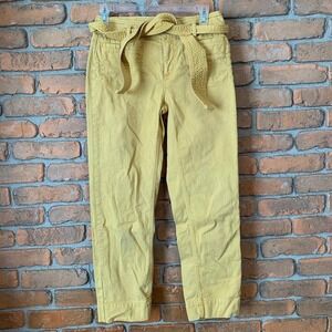 LOFT Belted Pants Womens 0 Yellow Straight Leg Casual Career Cropped Ankle Mid‎